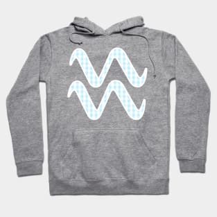 Aquarius Zodiac Horoscope Symbol in Pastel Blue and White Gingham Pattern Hoodie